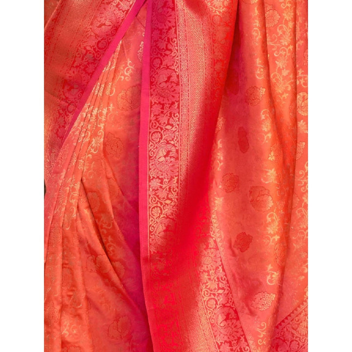 Odette Orange and Pink Woven Design Silk Blend Handloom Saree with Unstitched Blouse for Women