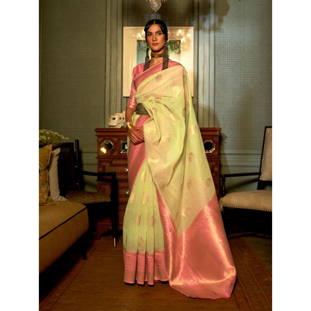 Odette Light Green and Pink Woven Design Linen Handloom Saree with Unstitched Blouse for Women