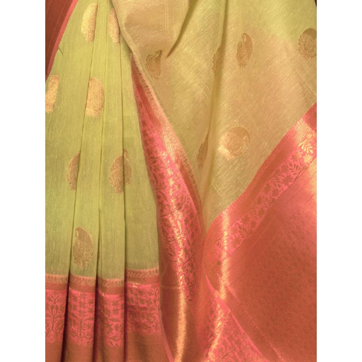 Odette Light Green and Pink Woven Design Linen Handloom Saree with Unstitched Blouse for Women