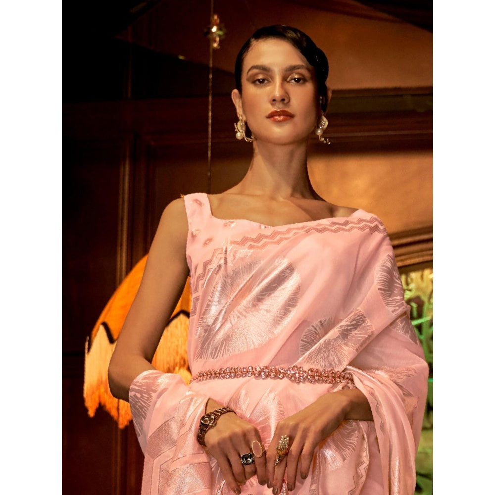 Odette Peach Woven Design Silk Blend Handloom Saree with Unstitched Blouse for Women