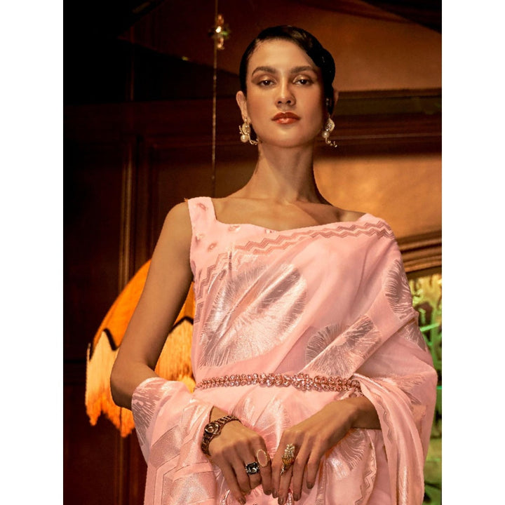 Odette Peach Woven Design Silk Blend Handloom Saree with Unstitched Blouse for Women