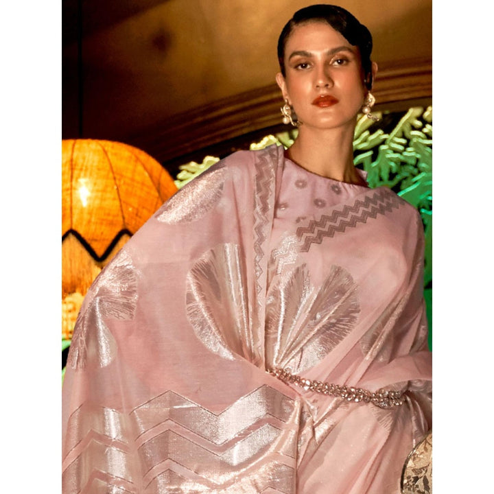 Odette Peach Woven Design Silk Blend Handloom Saree with Unstitched Blouse for Women