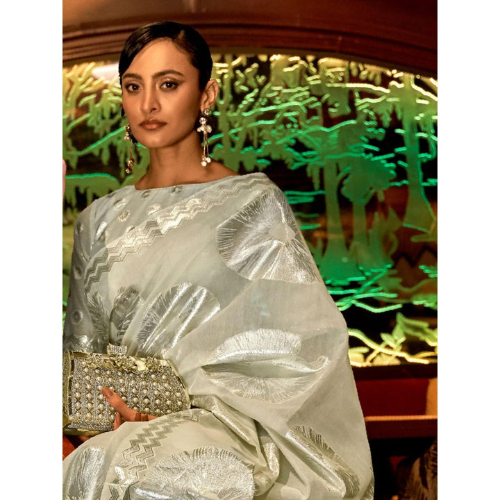 Odette Lime Woven Design Silk Blend Handloom Saree with Unstitched Blouse for Women