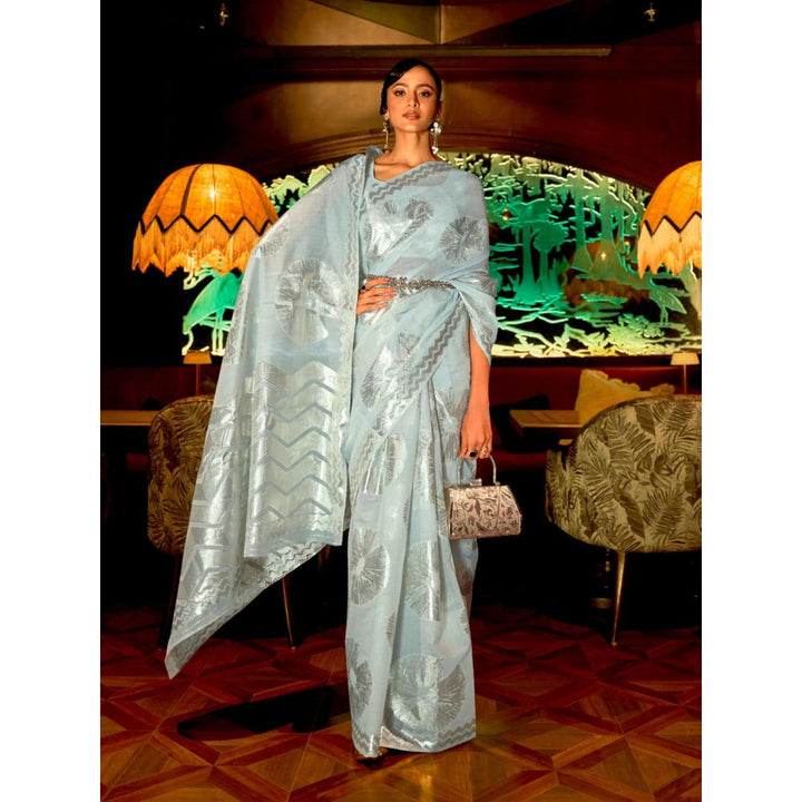 Odette Light Blue Woven Design Silk Blend Handloom Saree with Unstitched Blouse for Women