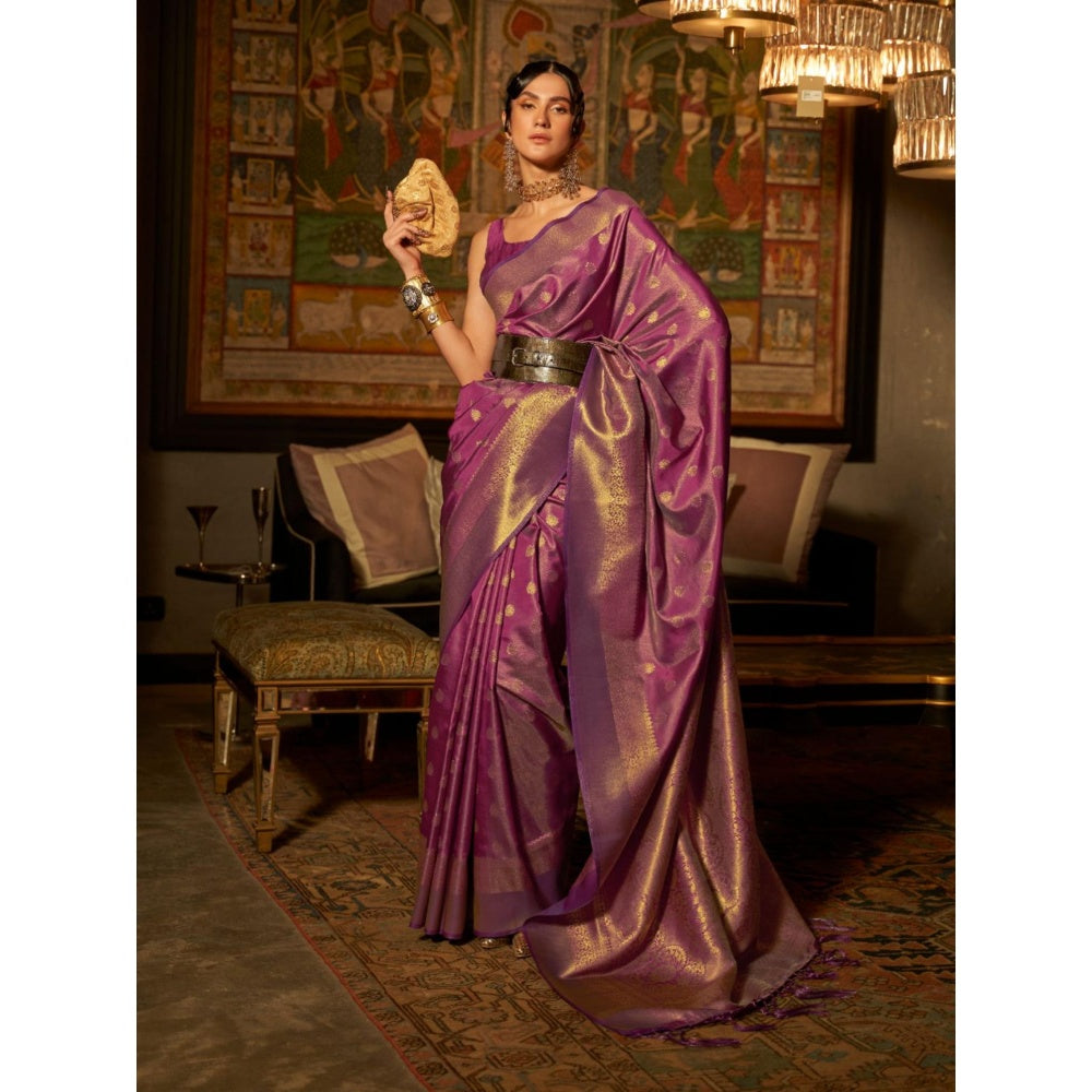 Odette Purple Woven Design Silk Blend Handloom Saree with Unstitched Blouse for Women