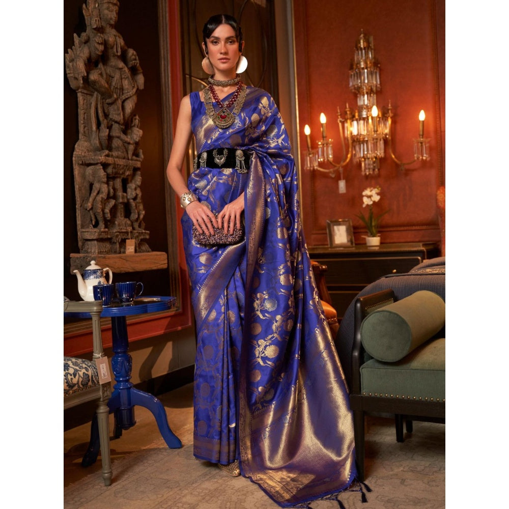 Odette Navy Blue Woven Design Silk Blend Handloom Saree with Unstitched Blouse for Women