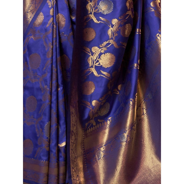 Odette Navy Blue Woven Design Silk Blend Handloom Saree with Unstitched Blouse for Women