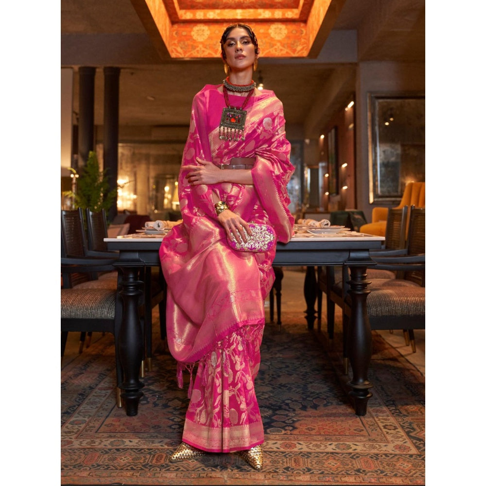 Odette Pink Woven Design Silk Blend Handloom Saree with Unstitched Blouse for Women