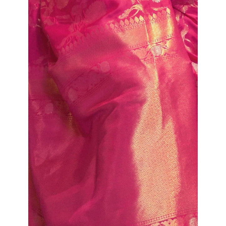 Odette Pink Woven Design Silk Blend Handloom Saree with Unstitched Blouse for Women