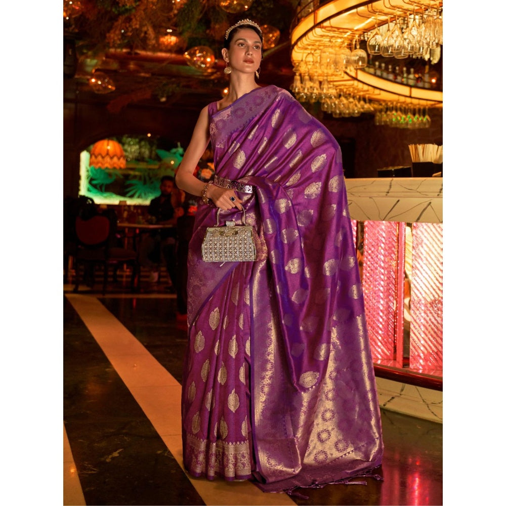 Odette Purple Woven Design Silk Blend Handloom Saree with Unstitched Blouse for Women