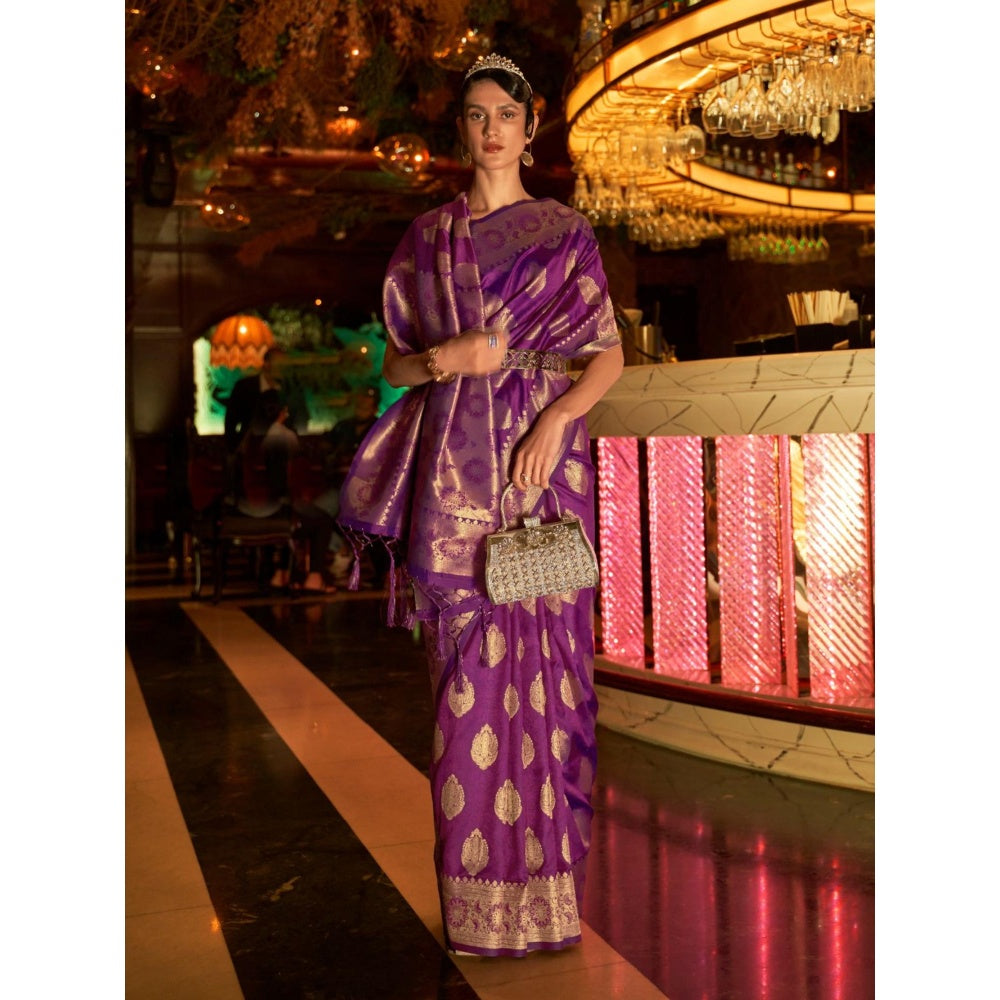 Odette Purple Woven Design Silk Blend Handloom Saree with Unstitched Blouse for Women