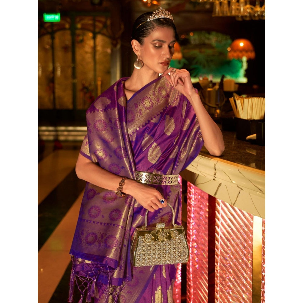 Odette Purple Woven Design Silk Blend Handloom Saree with Unstitched Blouse for Women