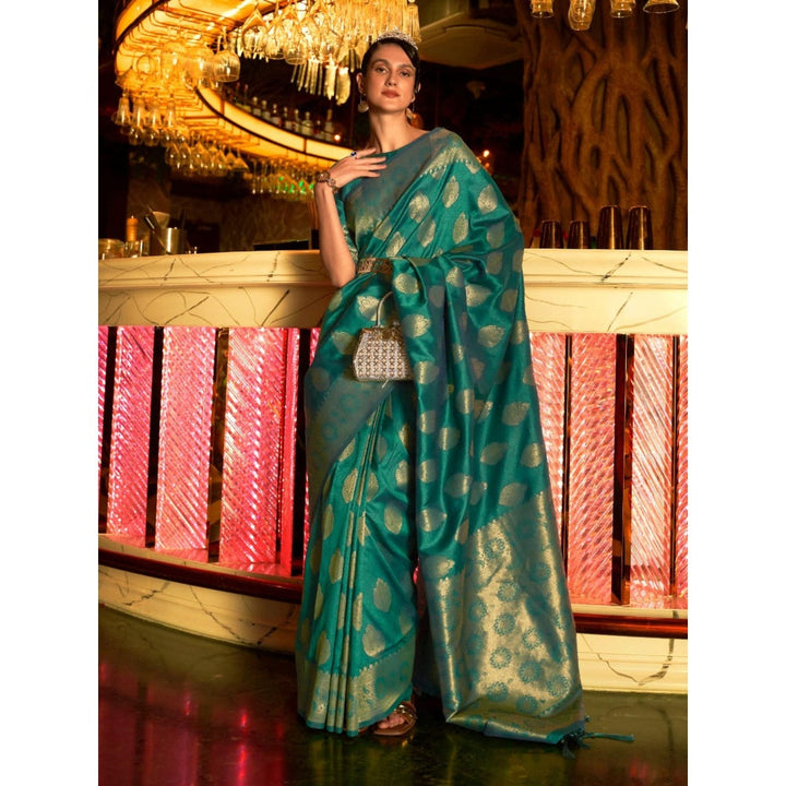 Odette Green Woven Design Silk Blend Handloom Saree with Unstitched Blouse for Women