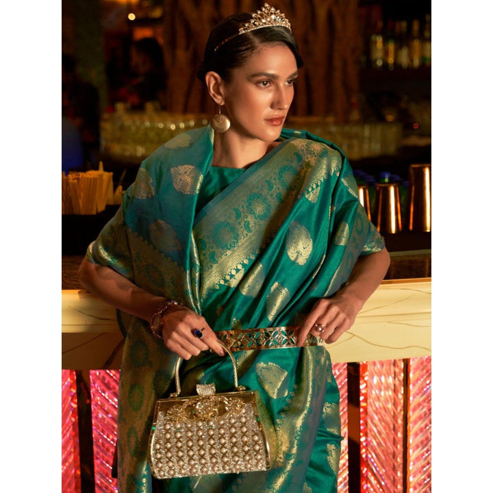 Odette Green Woven Design Silk Blend Handloom Saree with Unstitched Blouse for Women