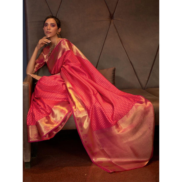 Odette Orange and Gold Woven Design Silk Blend Handloom Saree with Unstitched Blouse for Women