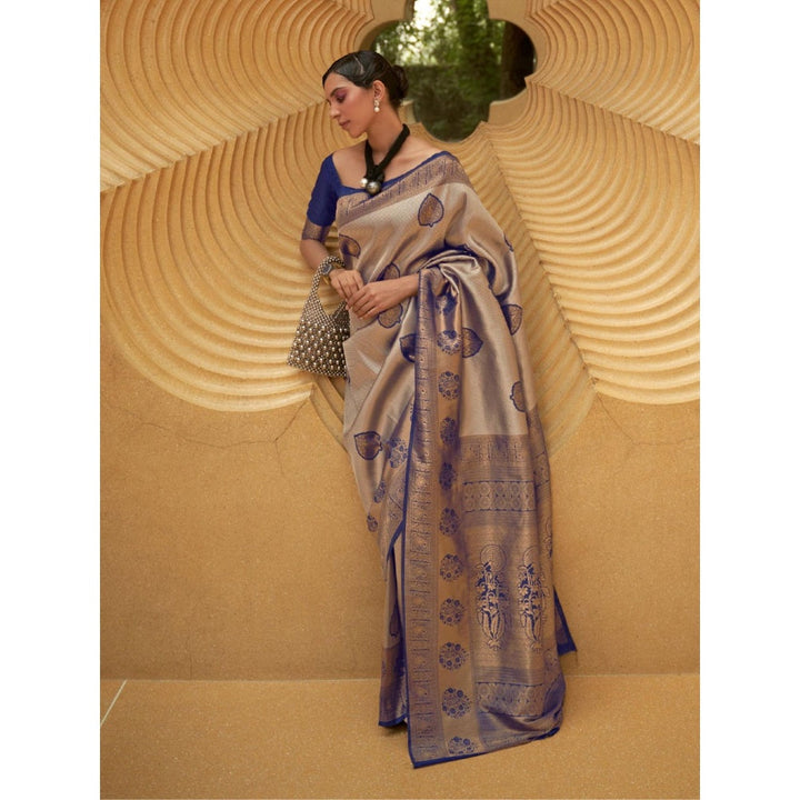 Odette Navy Blue and Gold Woven Design Silk Blend Handloom Saree with Unstitched Blouse for Women