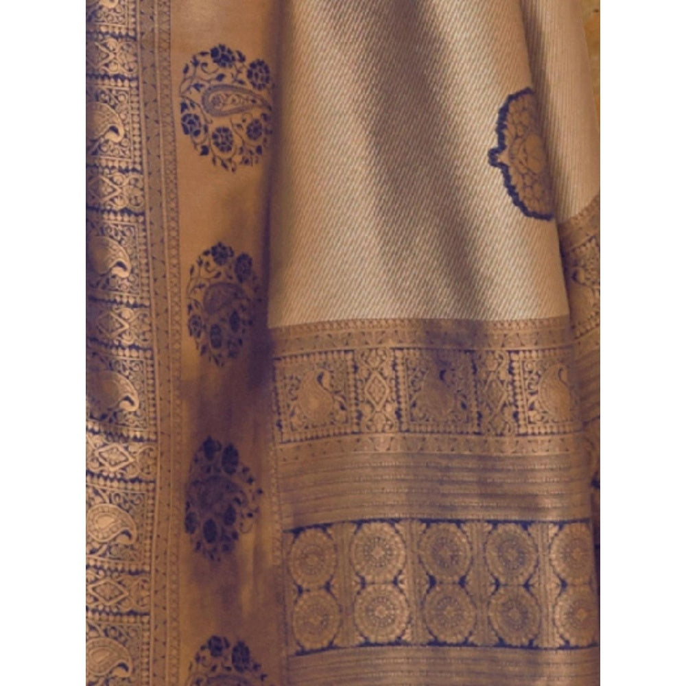 Odette Navy Blue and Gold Woven Design Silk Blend Handloom Saree with Unstitched Blouse for Women