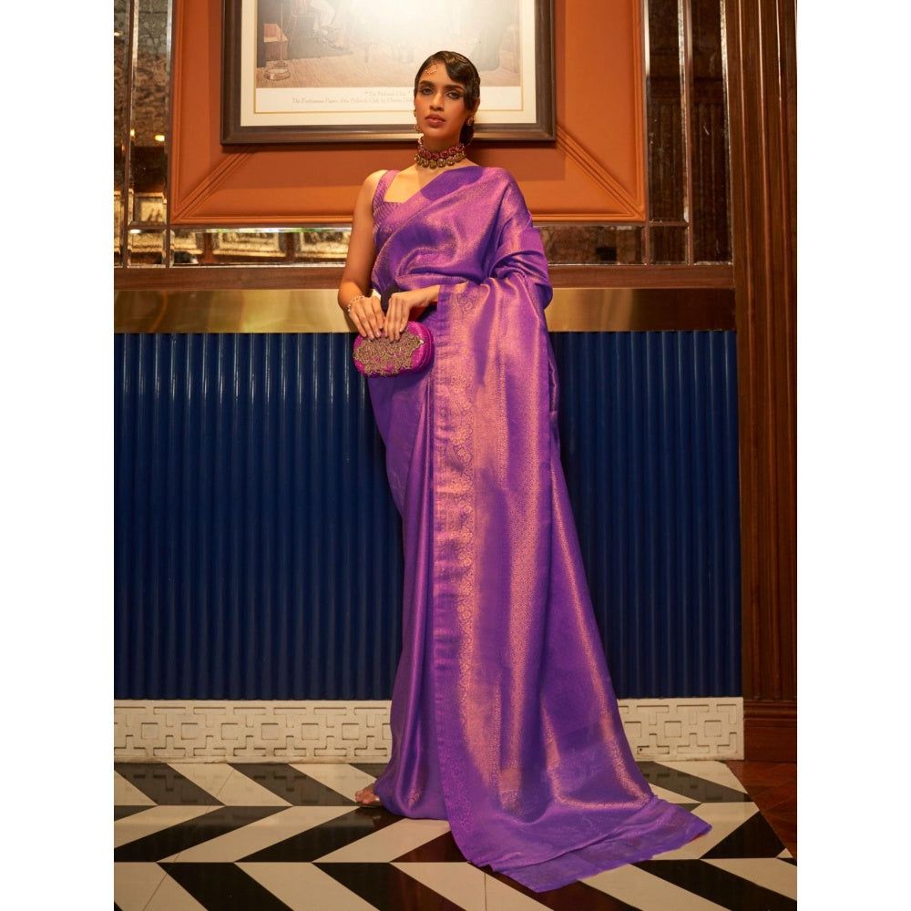 Odette Purple Woven Design Silk Blend Handloom Saree with Unstitched Blouse for Women