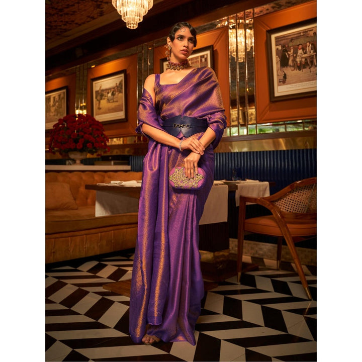 Odette Purple Woven Design Silk Blend Handloom Saree with Unstitched Blouse for Women