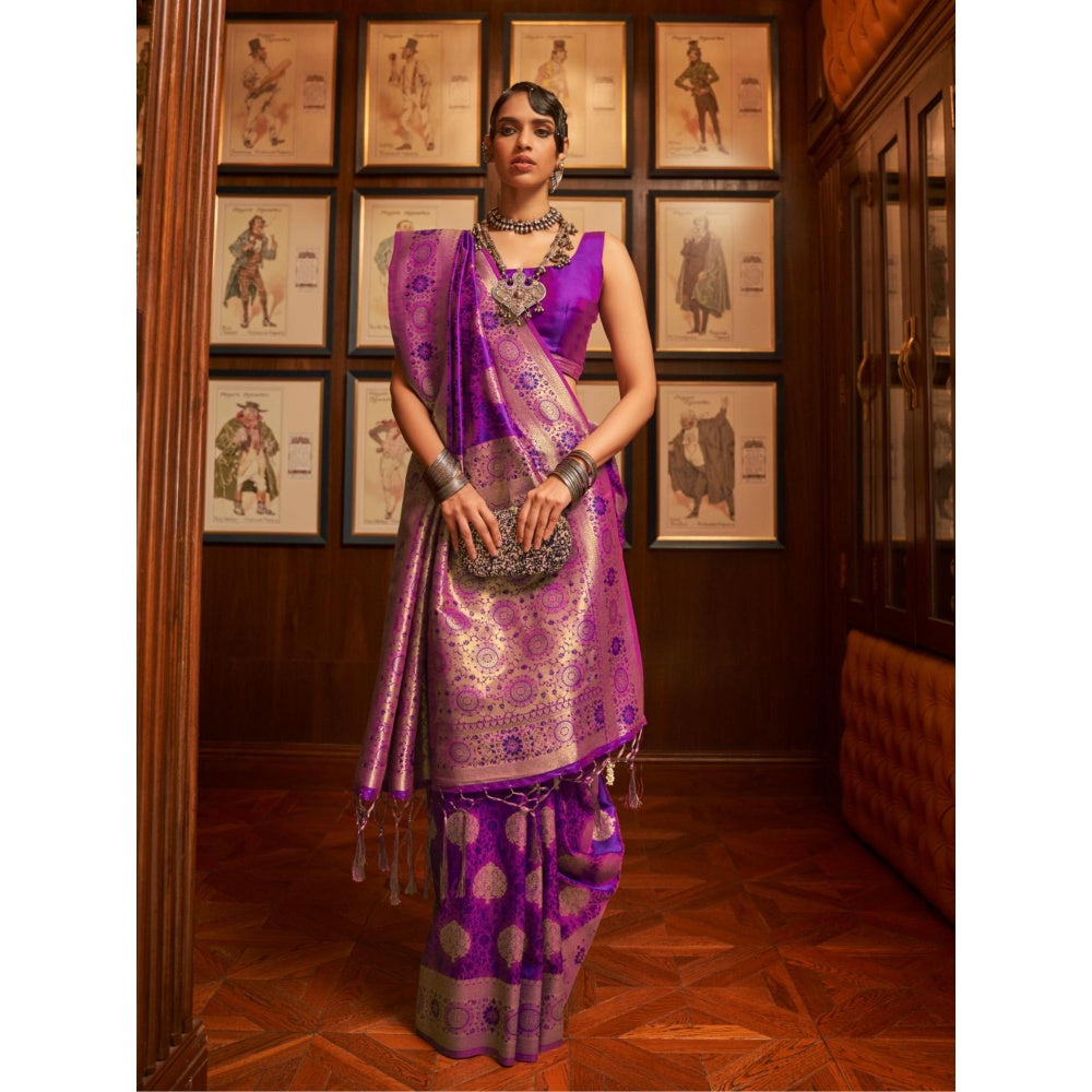 Odette Purple Woven Design Silk Blend Handloom Saree with Unstitched Blouse for Women