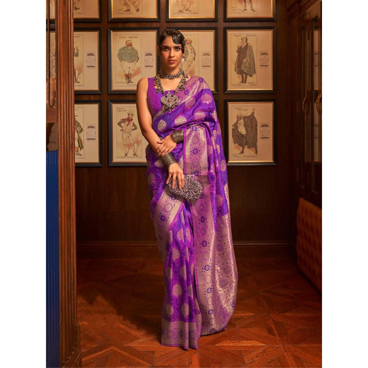 Odette Purple Woven Design Silk Blend Handloom Saree with Unstitched Blouse for Women