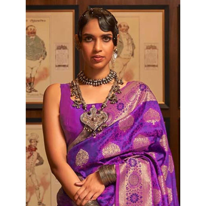 Odette Purple Woven Design Silk Blend Handloom Saree with Unstitched Blouse for Women