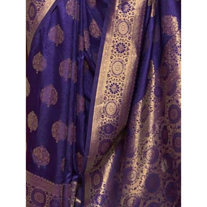 Odette Navy Blue Woven Design Silk Blend Handloom Saree with Unstitched Blouse for Women