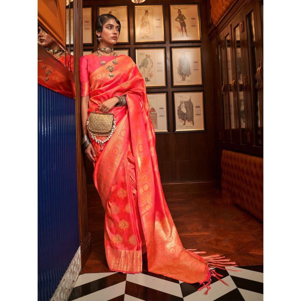 Odette Orange Woven Design Silk Blend Handloom Saree with Unstitched Blouse for Women