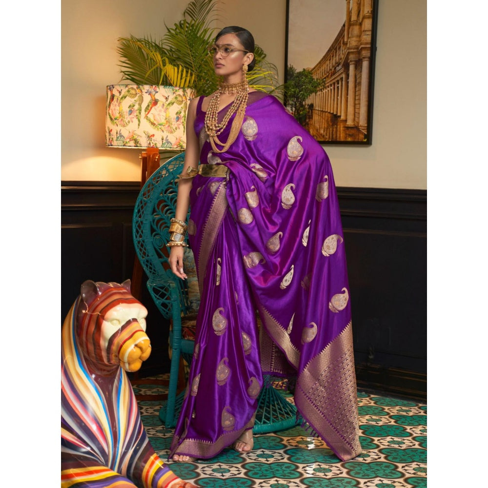 Odette Purple Woven Design Silk Blend Handloom Saree with Unstitched Blouse for Women