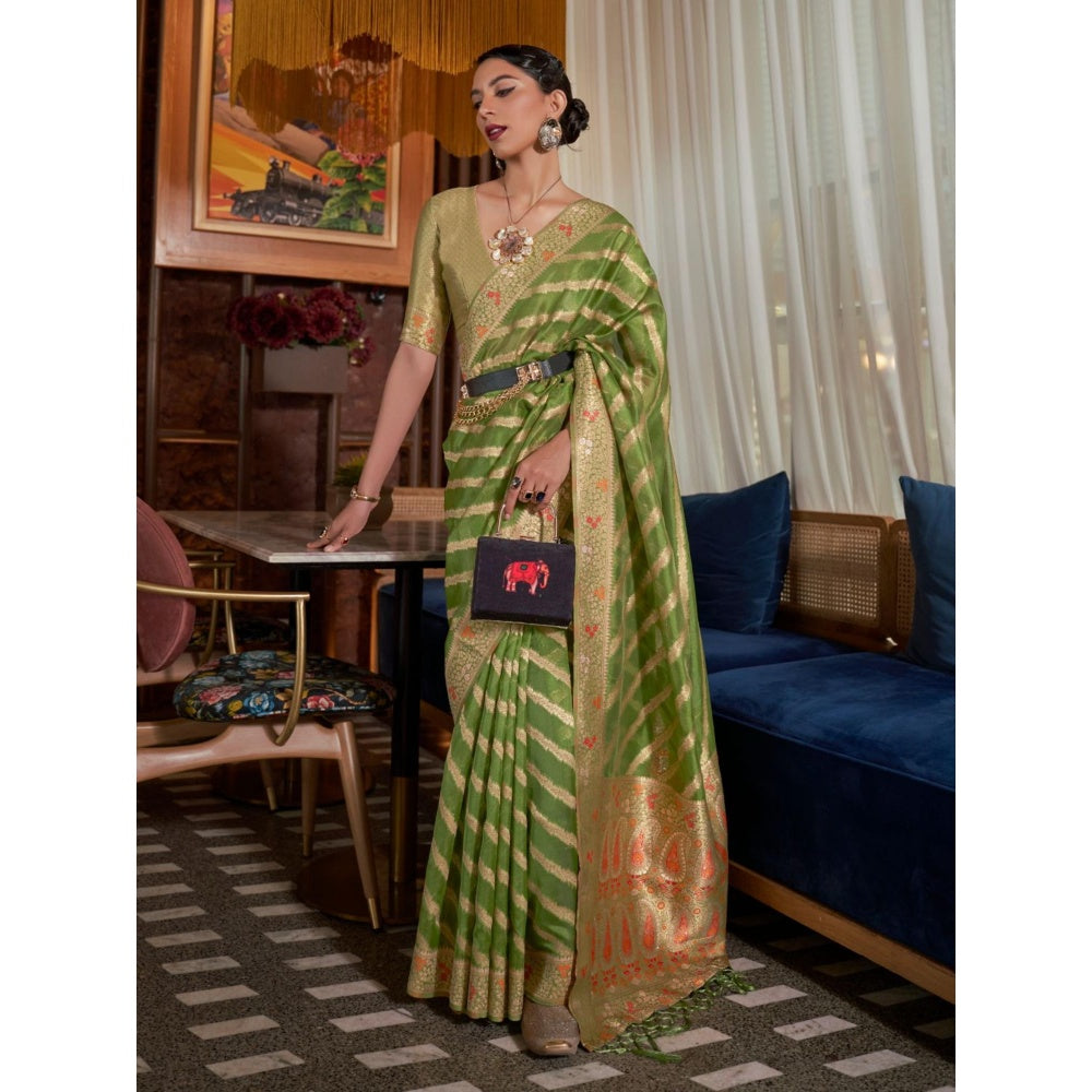 Odette Olive Woven Design Silk Blend Handloom Saree with Unstitched Blouse for Women