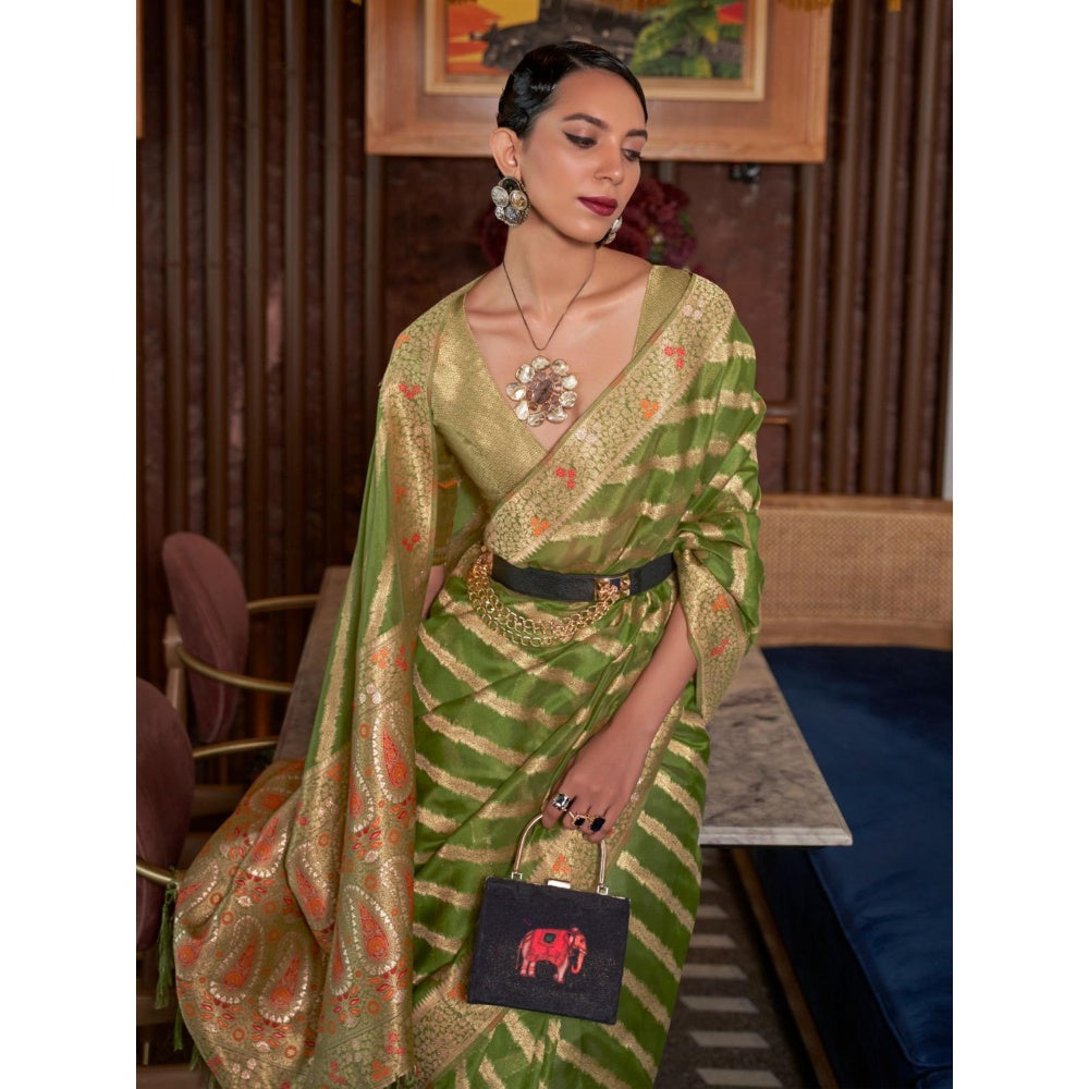 Odette Olive Woven Design Silk Blend Handloom Saree with Unstitched Blouse for Women