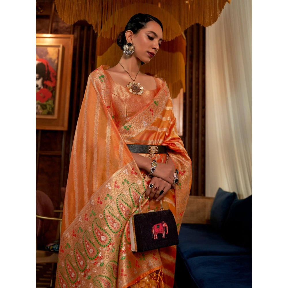 Odette Orange Woven Design Silk Blend Handloom Saree with Unstitched Blouse for Women