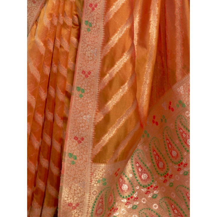 Odette Orange Woven Design Silk Blend Handloom Saree with Unstitched Blouse for Women