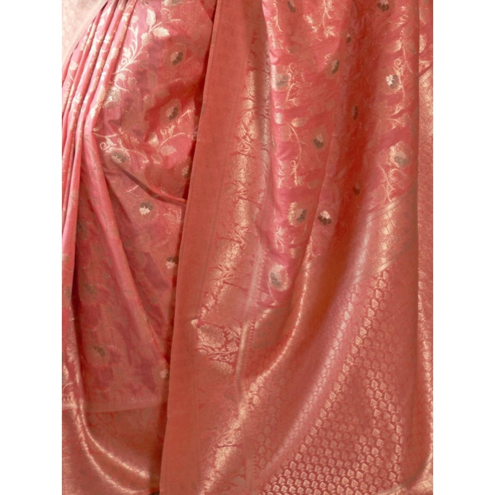 Odette Peach Woven Design Silk Blend Handloom Saree with Unstitched Blouse for Women