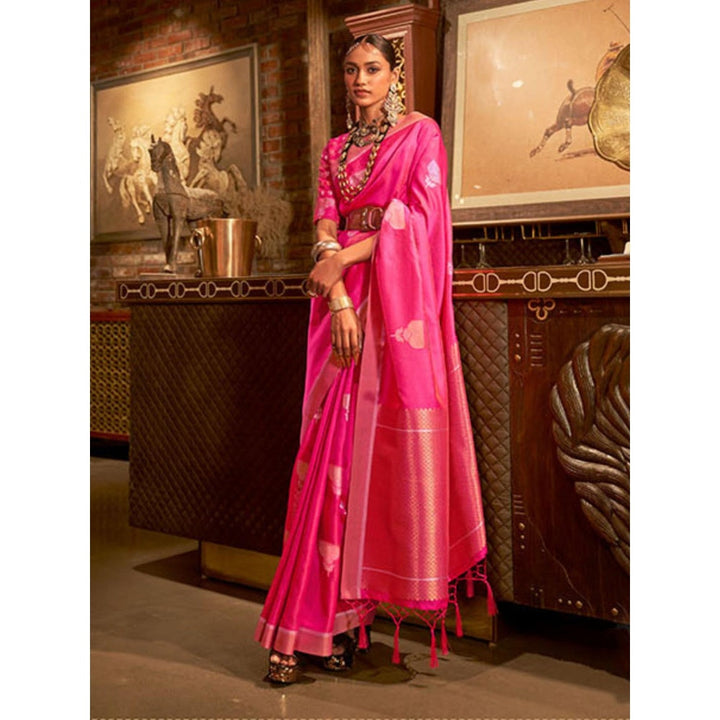 Odette Pink and Gold Woven Design Silk Blend Handloom Saree with Unstitched Blouse for Women