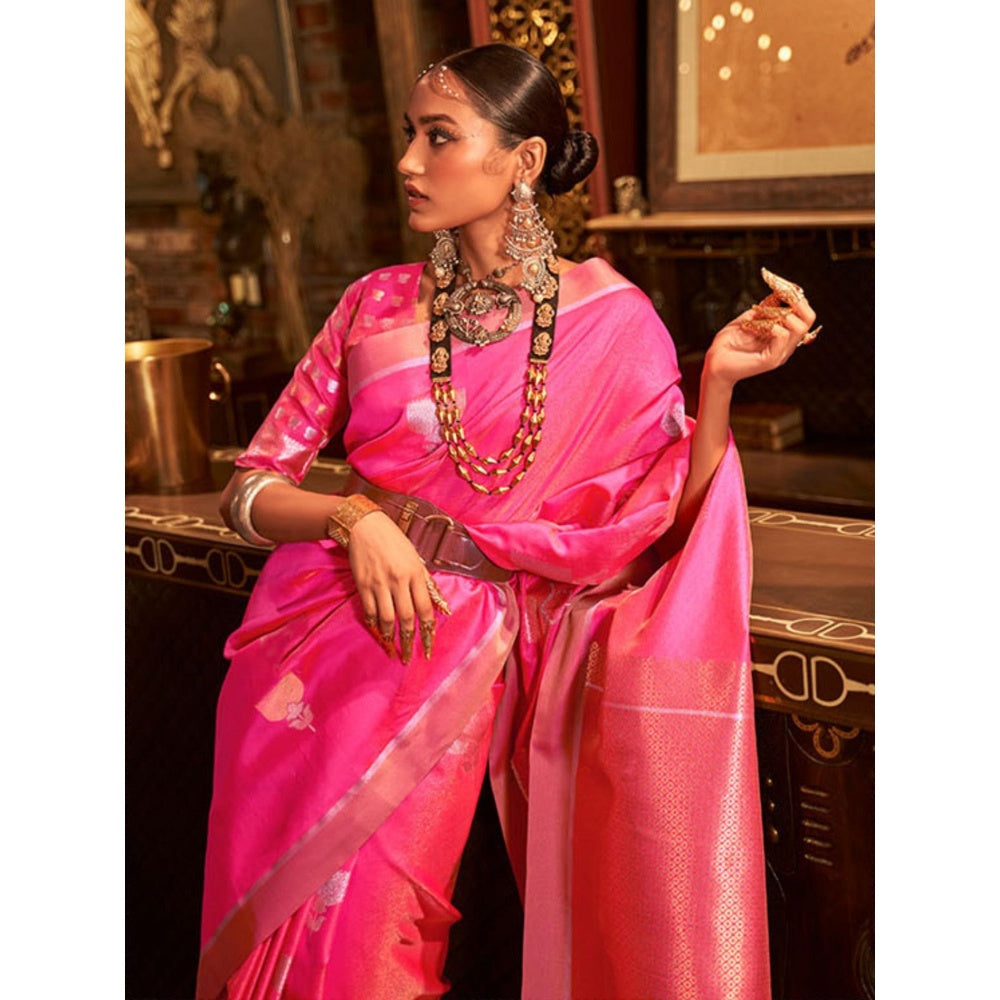 Odette Pink and Gold Woven Design Silk Blend Handloom Saree with Unstitched Blouse for Women