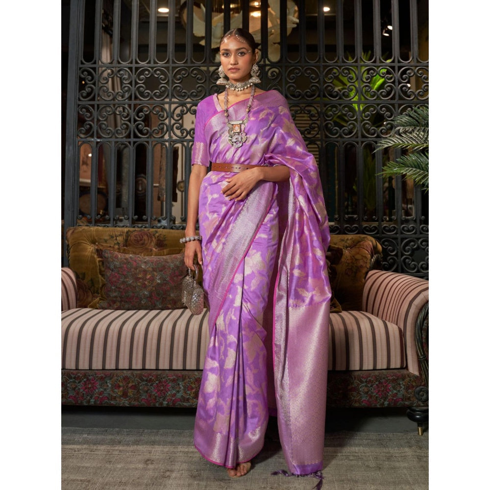 Odette Purple Woven Design Silk Blend Handloom Saree with Unstitched Blouse for Women