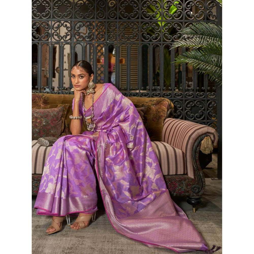 Odette Purple Woven Design Silk Blend Handloom Saree with Unstitched Blouse for Women