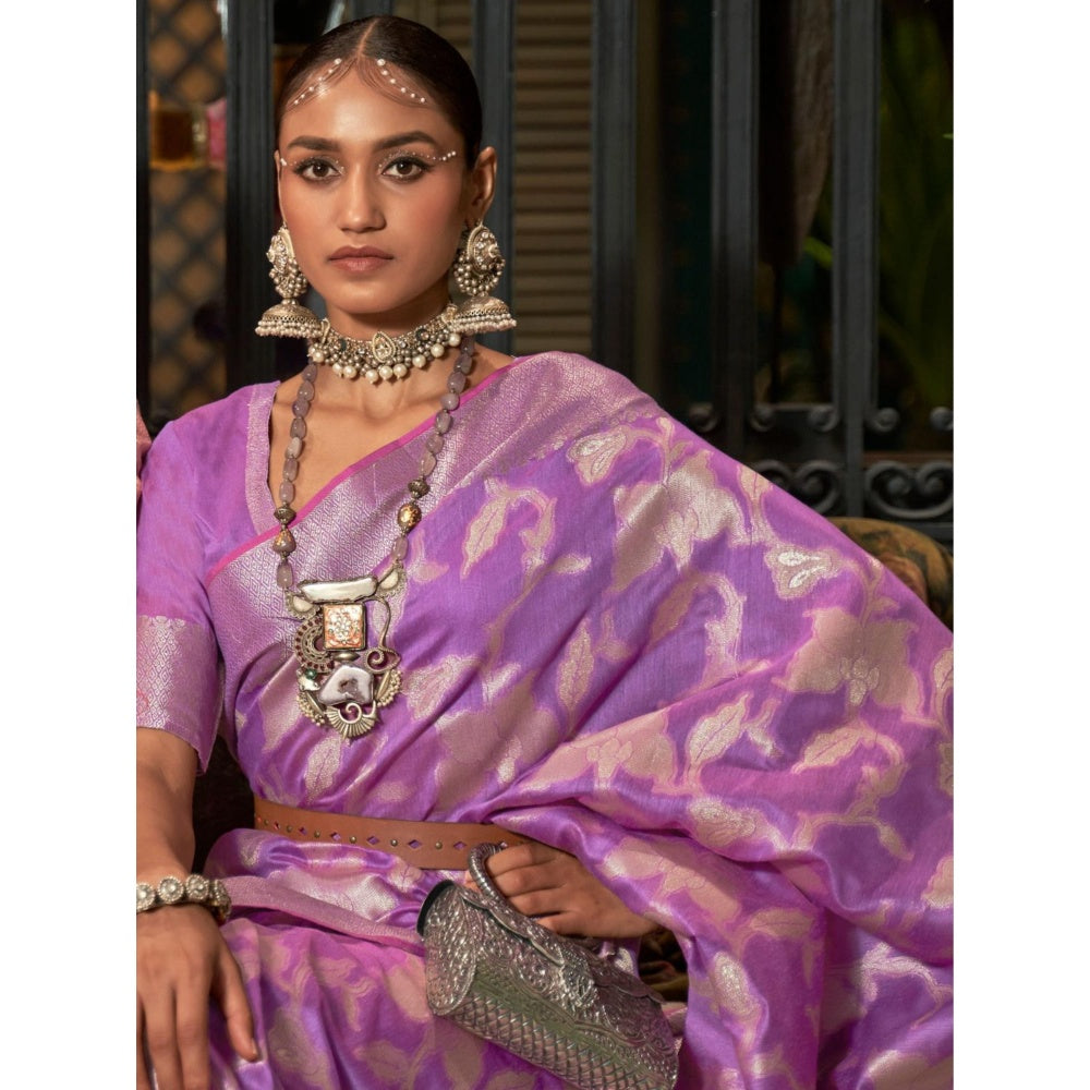 Odette Purple Woven Design Silk Blend Handloom Saree with Unstitched Blouse for Women