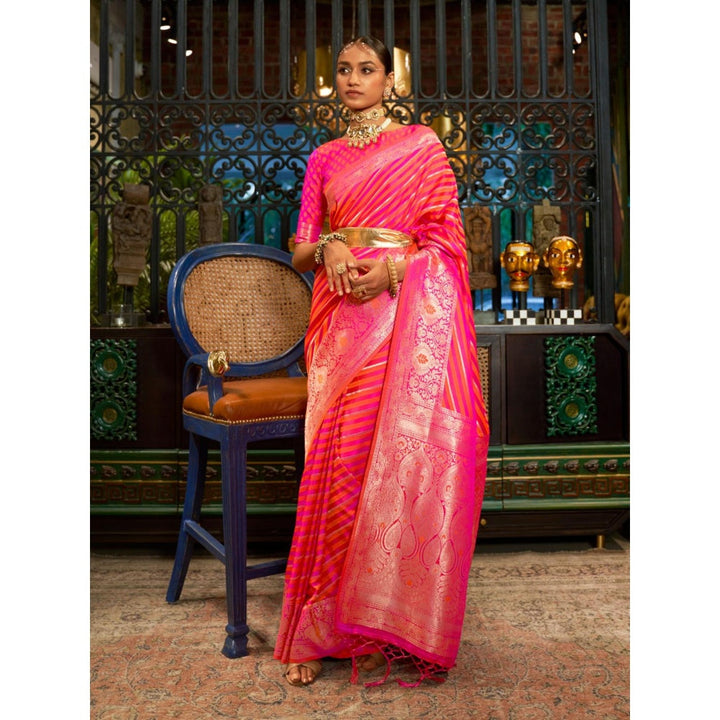 Odette Pink and Yellow Woven Design Silk Blend Handloom Saree with Unstitched Blouse for Women