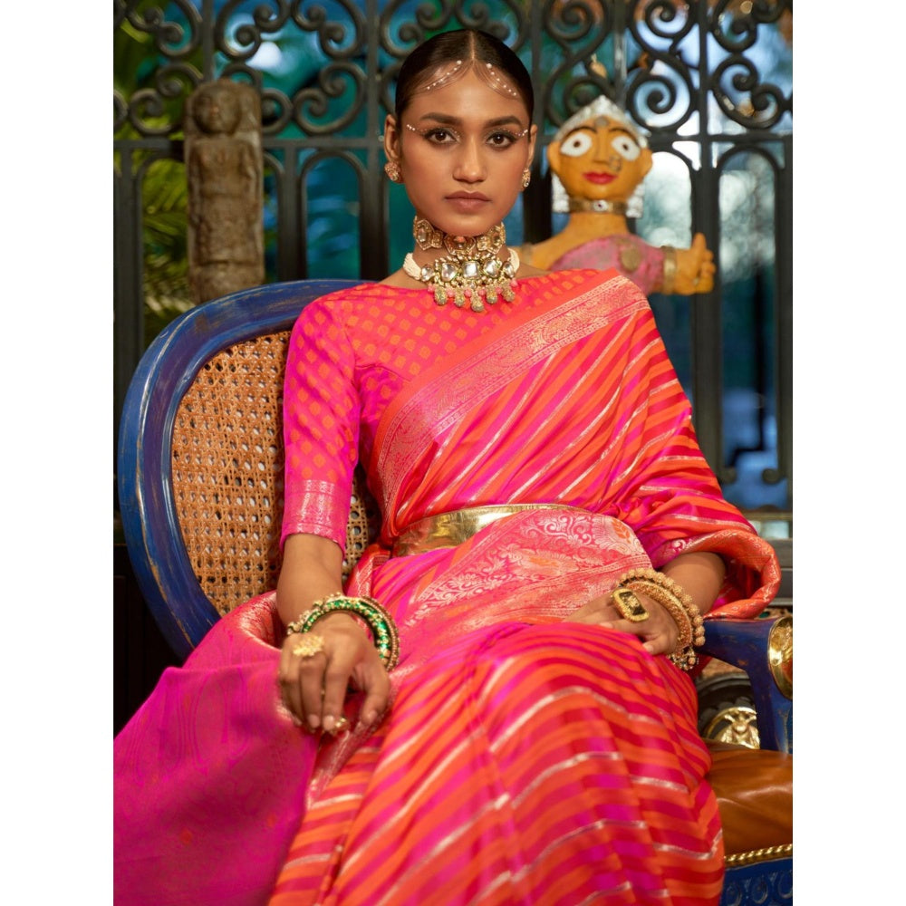 Odette Pink and Yellow Woven Design Silk Blend Handloom Saree with Unstitched Blouse for Women