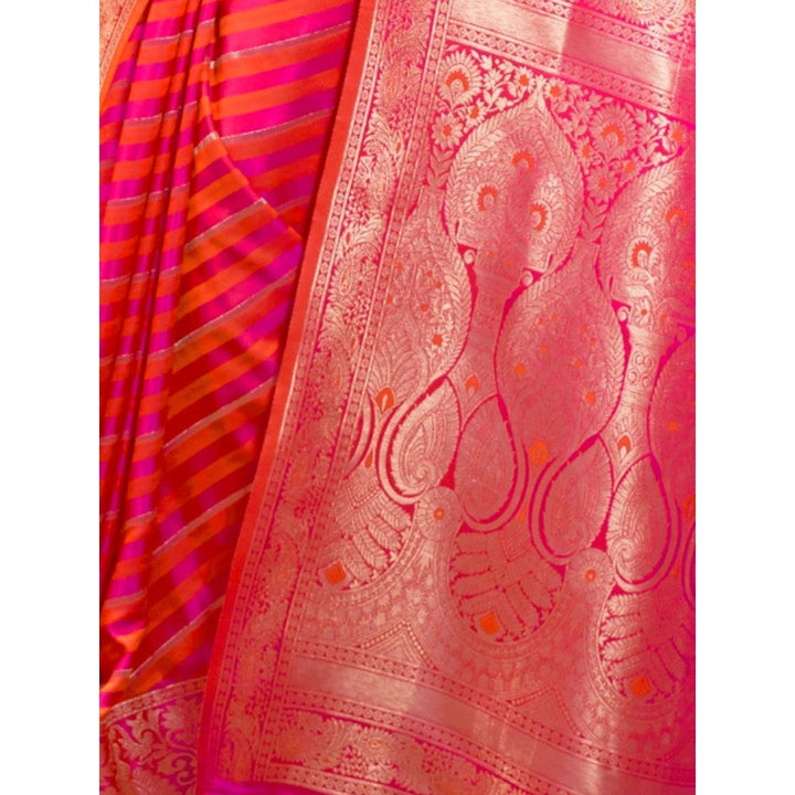 Odette Pink and Yellow Woven Design Silk Blend Handloom Saree with Unstitched Blouse for Women