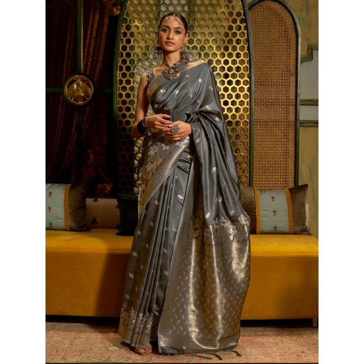 Odette Grey and Gold Woven Design Silk Blend Handloom Saree with Unstitched Blouse for Women