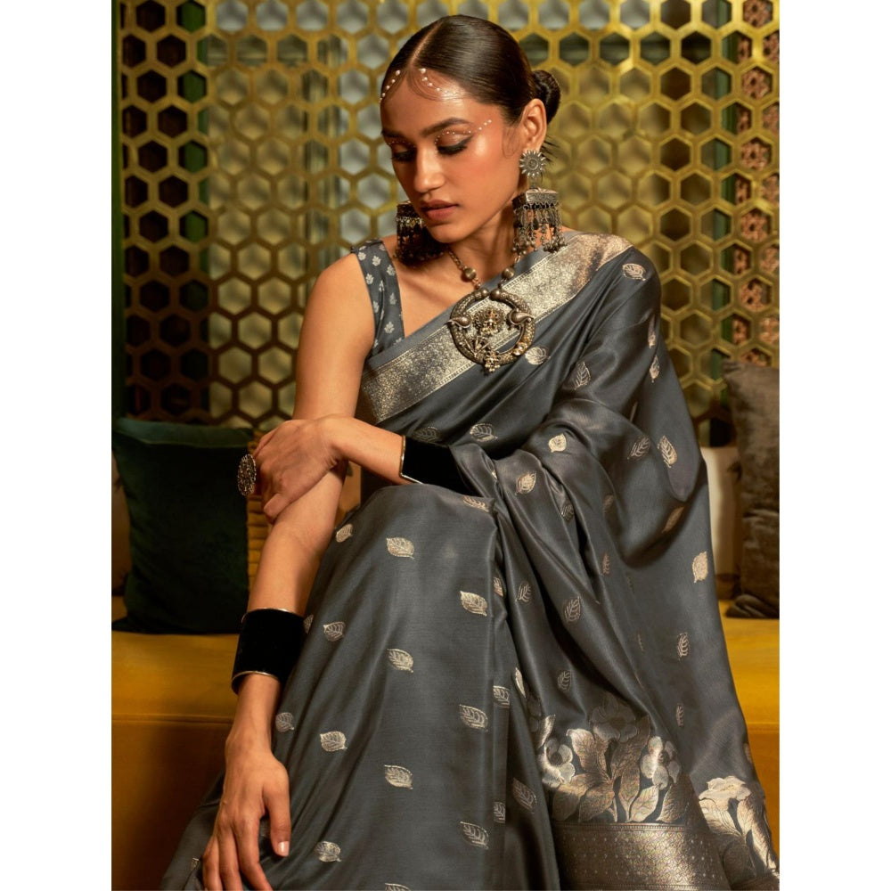 Odette Grey and Gold Woven Design Silk Blend Handloom Saree with Unstitched Blouse for Women