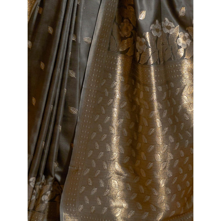 Odette Grey and Gold Woven Design Silk Blend Handloom Saree with Unstitched Blouse for Women