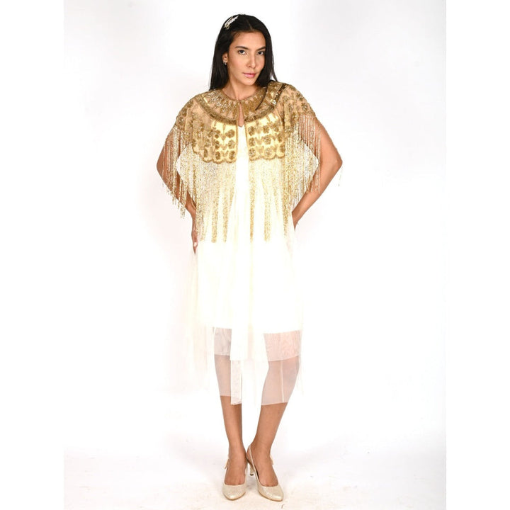 Odette Women Golden Net Cut dana Embroidered Cape