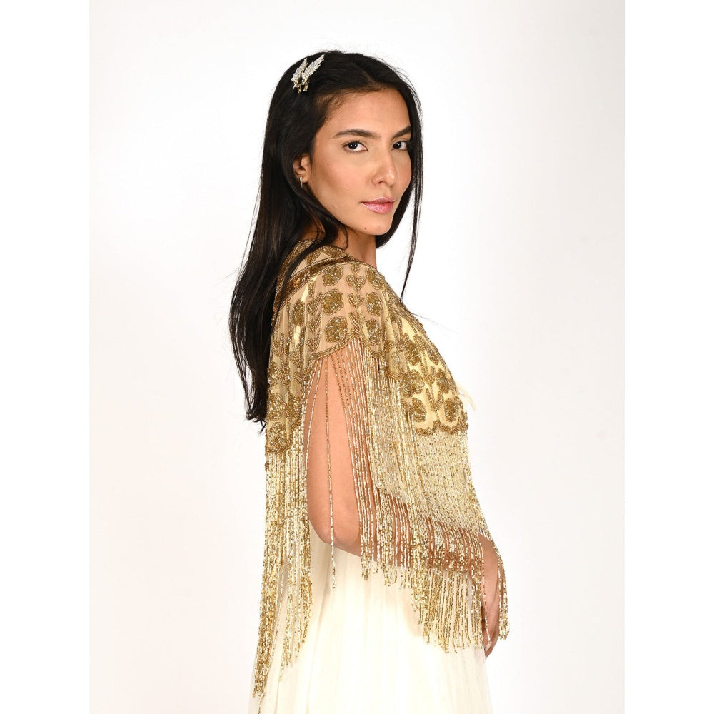 Odette Women Golden Net Cut dana Embroidered Cape