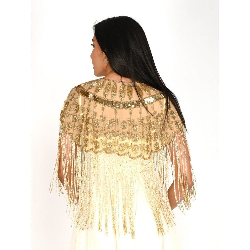 Odette Women Golden Net Cut dana Embroidered Cape