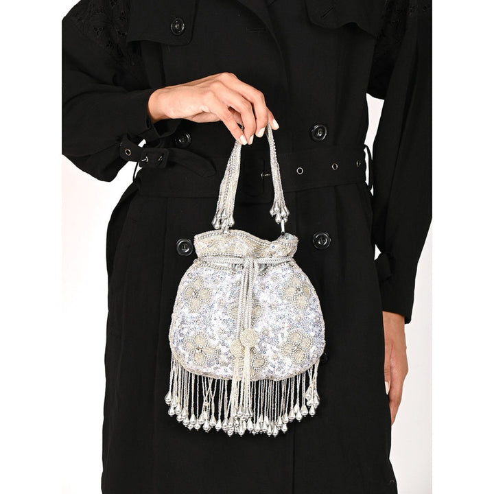 Odette Grey Embellished Potli Bag with Tassels for Women