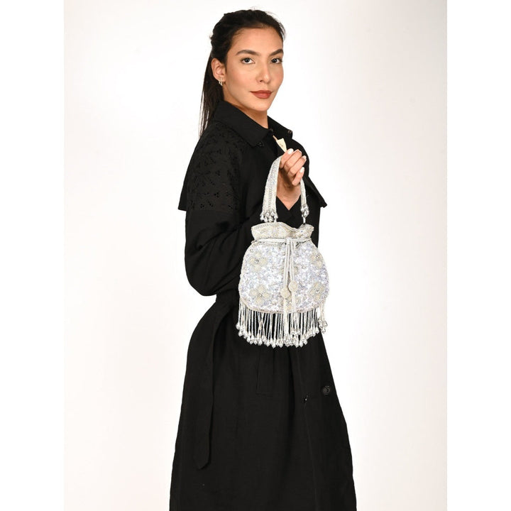 Odette Grey Embellished Potli Bag with Tassels for Women